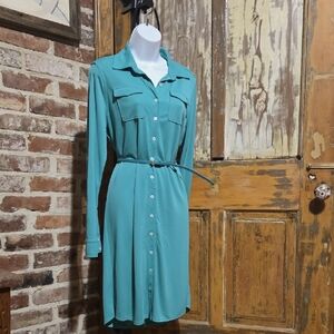 Anne Klein Teal Button-Up Long Sleeve Dress